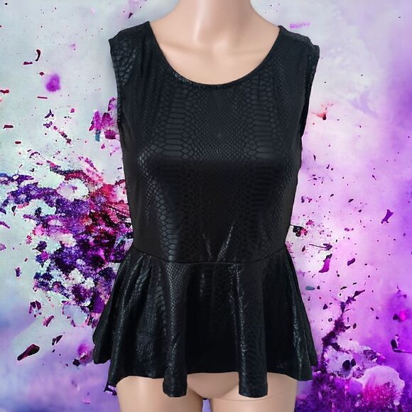 Vintage 90s Faux Leather Peplum Top S  Sexy Animal Print Embossed Wet Look Zips. - Picture 13 of 15